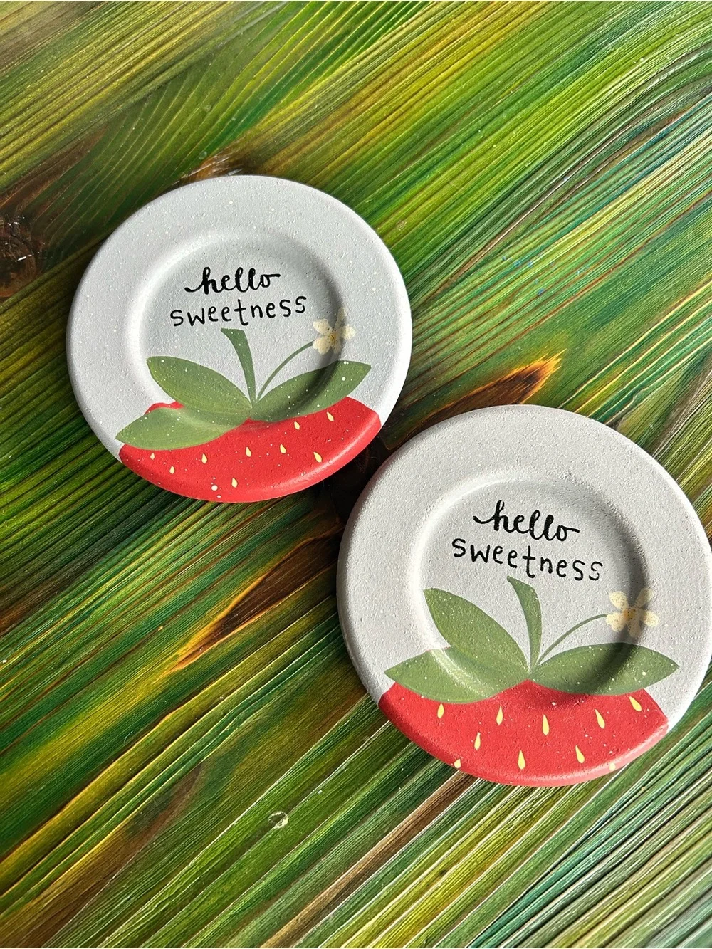 Set of 2 MacKenzie-Childs Hello Sweetness Strawberry Wood Coasters 6”